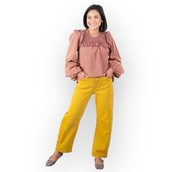 Heyson Mineral Wash Long Sleeve Smocked Neck Top Women’s Size Small - Picture 2 of 10